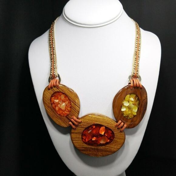 Chico's Wooden Clear Resin Leather Necklace, 25 Inches, New With Tags - Picture 6 of 8